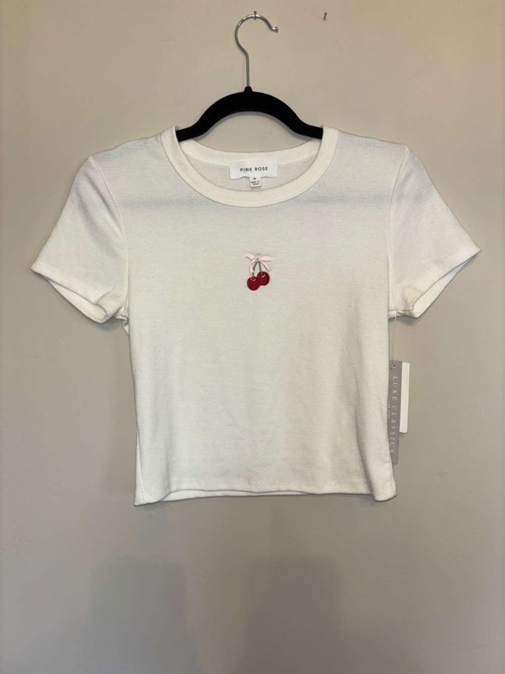Pink Rose White Crop Top with Cherries + Bow Embroidery